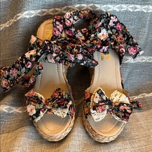 Floral Espadrille Wedge Sandals with Bow